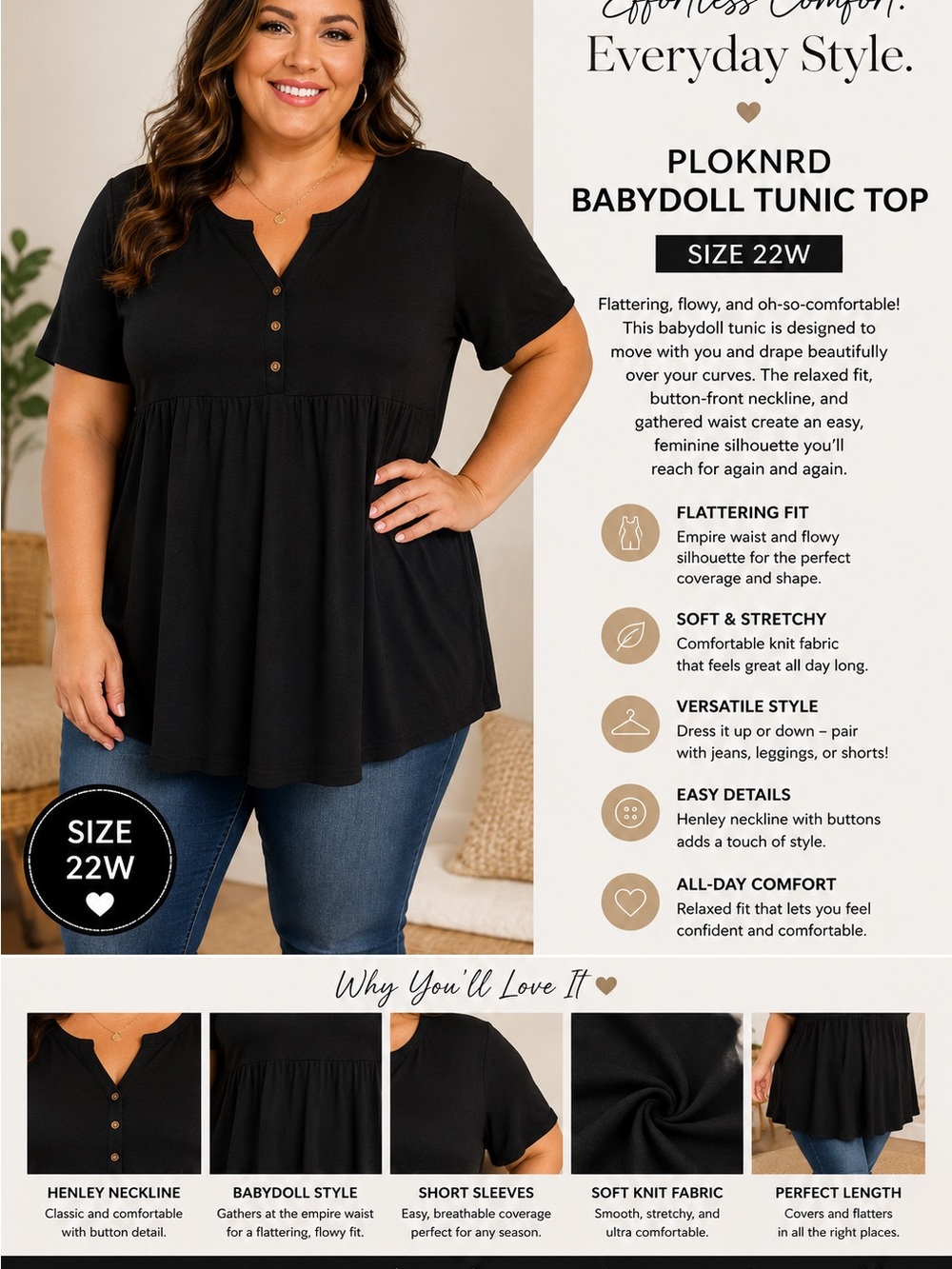 Ploknrd Black Babydoll Tunic Top - Plus Size